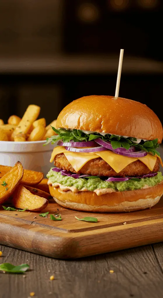 Burger poulet avocat classique servi avec frites maison sur planche bois, coupé en deux