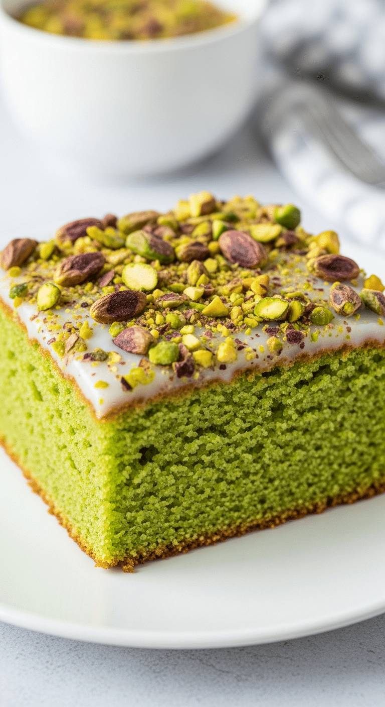 Cake pistache fleur oranger glaçage blanc pistaches concassées