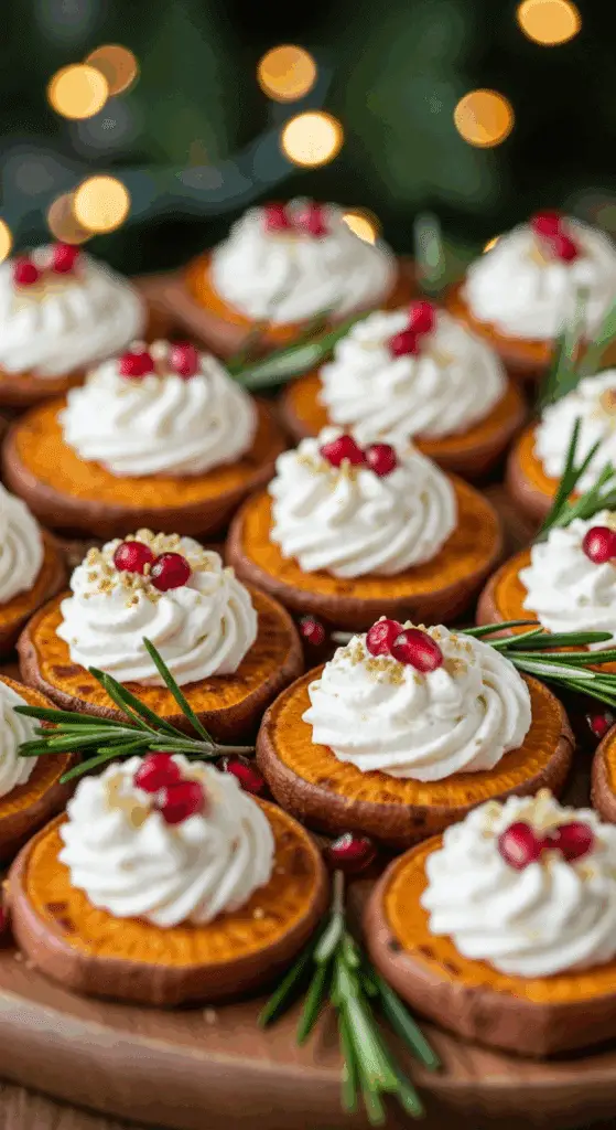 Canapés Noël patate douce crème fromagère grenades herbes fraîches plateau élégant