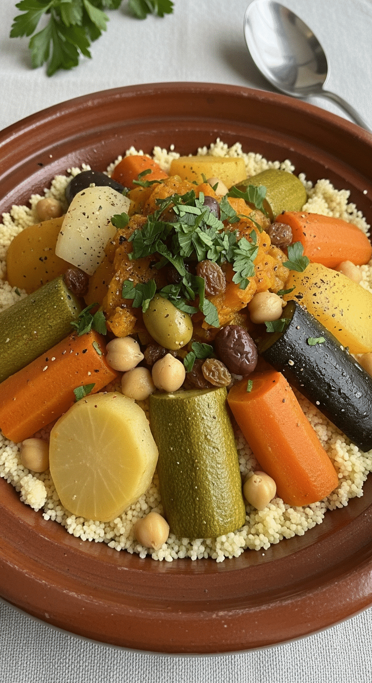 Couscous marocain 7 légumes colorés viande agneau semoule dorée