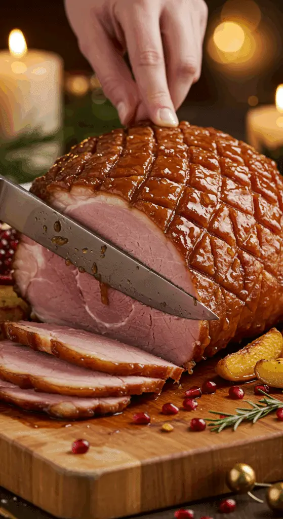 Découpe jambon glacé tranches uniformes rose intérieur glaçage brillant service