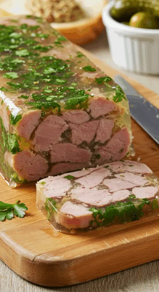 Délice jambon persillé terrine française tranché mosaïque rose vert gelée cornichons