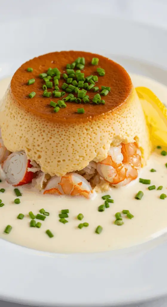 Flan crabe crevettes sauce crémeuse citronnée présentation élégante