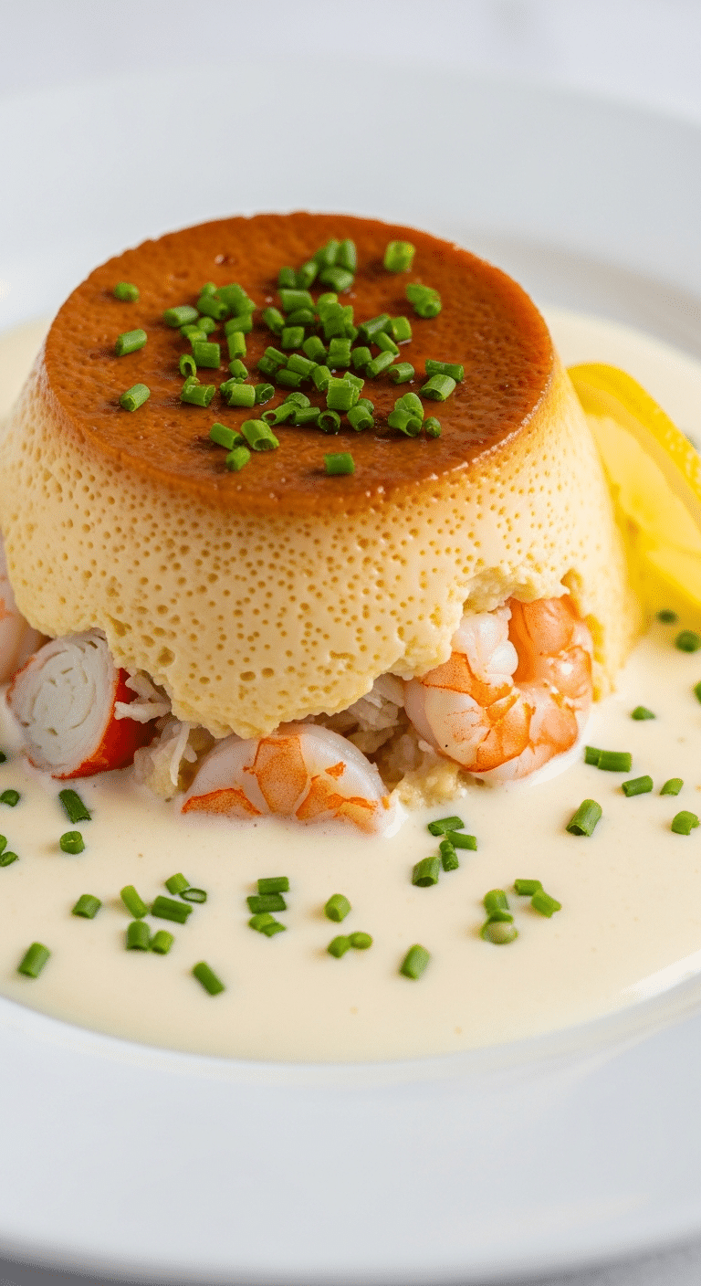 Flan crabe crevettes sauce crémeuse citronnée présentation élégante