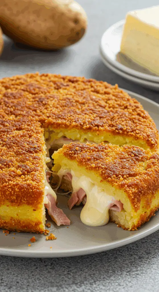Gâteau pommes terre farci jambon fromage doré croustillant