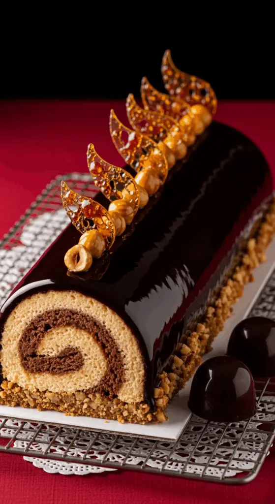 glaçage miroir noir brillant bûche aux deux chocolats