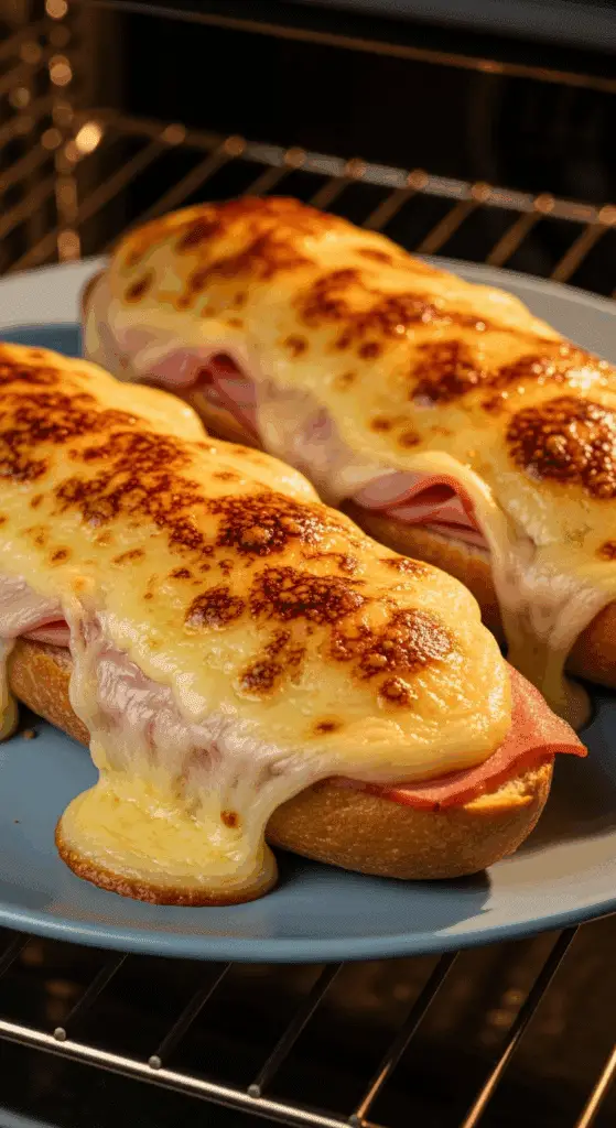 Baguettes raclette four fromage fondu bouillonnant coulant doré gratinage