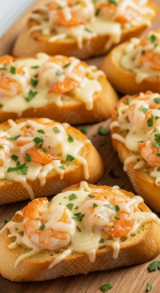 Pain ail crevettes gratiné sortant four fromage fondu doré bouillonnant