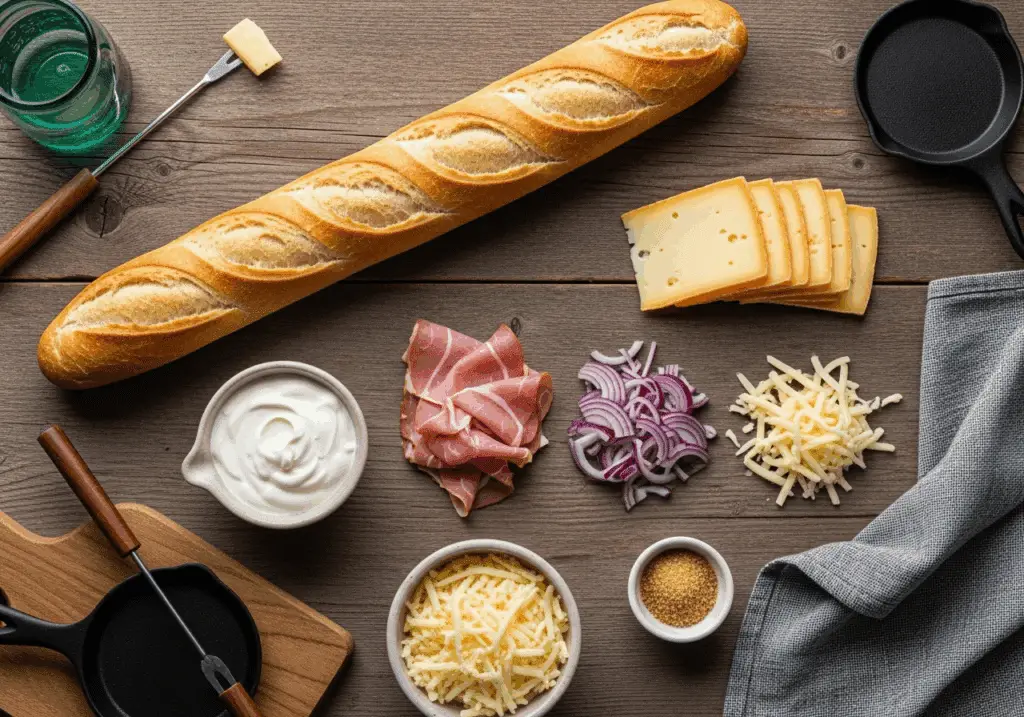 Ingrédients frais pour baguette raclette disposés style montagnard rustique