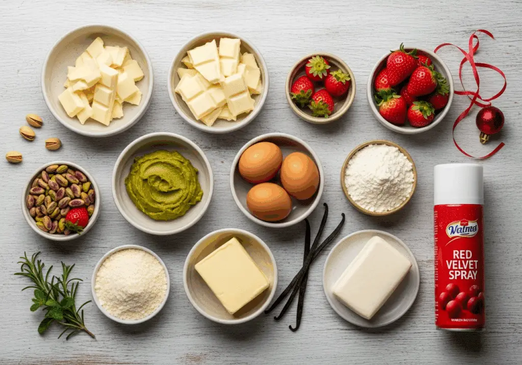 Ingrédients premium pour boules Noël tarte fraises pistache disposés festif