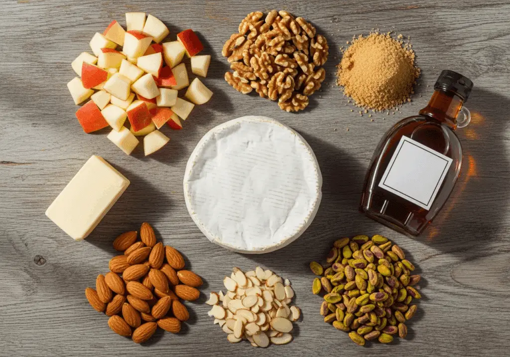 Ingrédients frais pour brie four pommes érable disposés style élégant