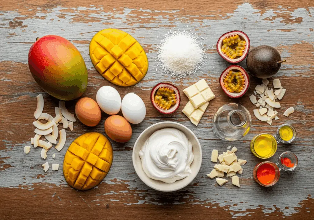 Ingrédients premium bûche exotique mangue passion coco frais tropicaux