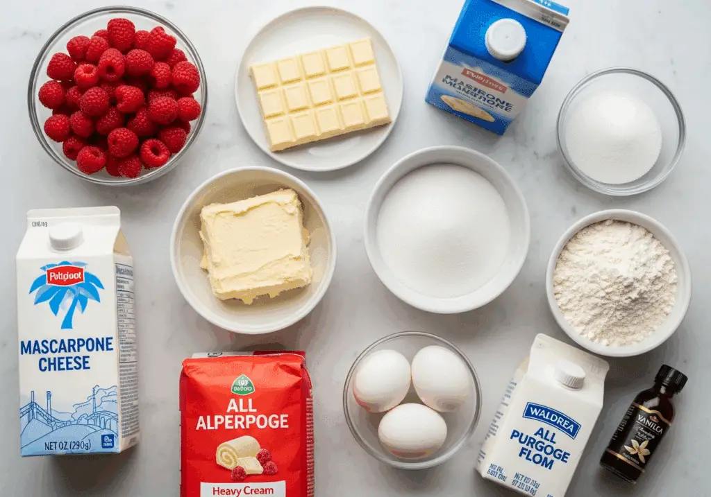 Ingrédients frais bûche framboises chocolat blanc mascarpone