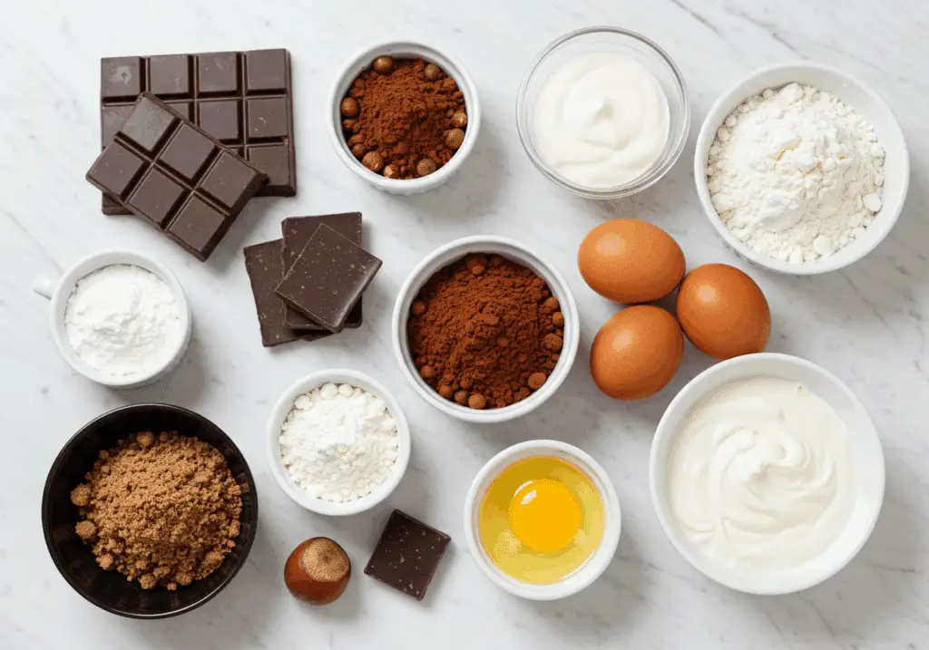 Ingrédients premium pour bûche Noël chocolat noisettes disposés style pâtisserie