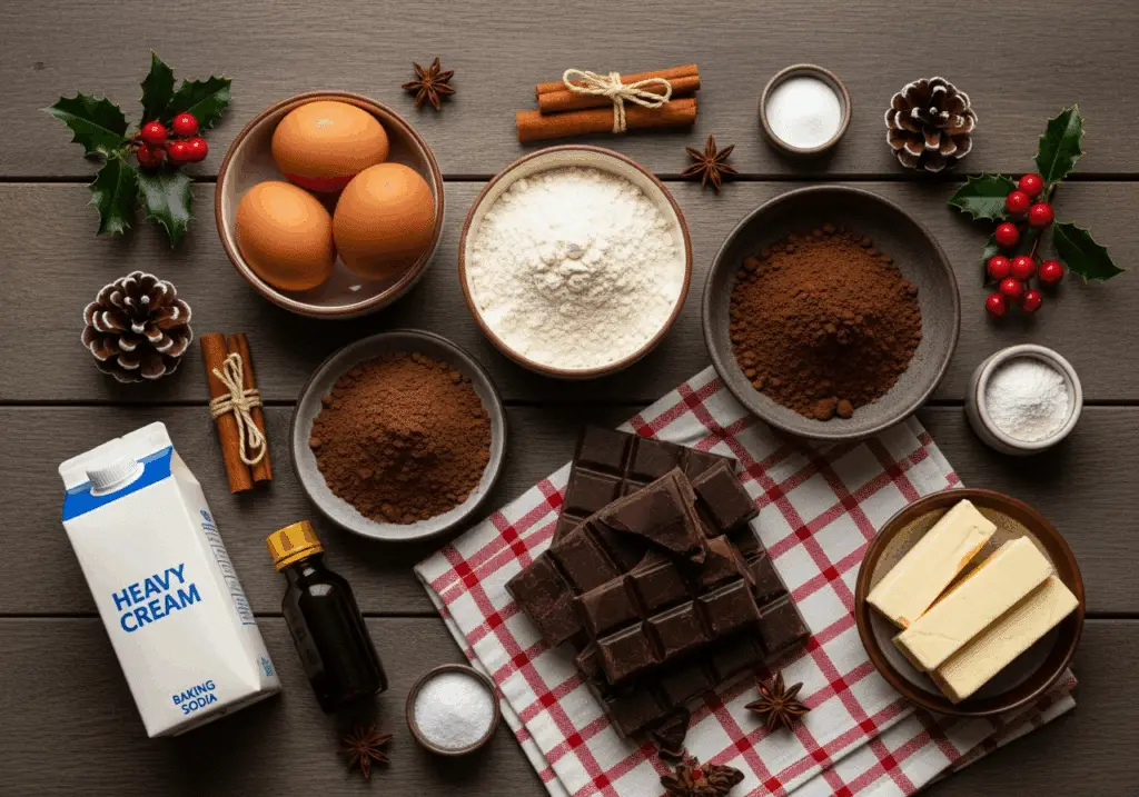 Ingrédients frais pour bûche de Noël au chocolat disposés style festif