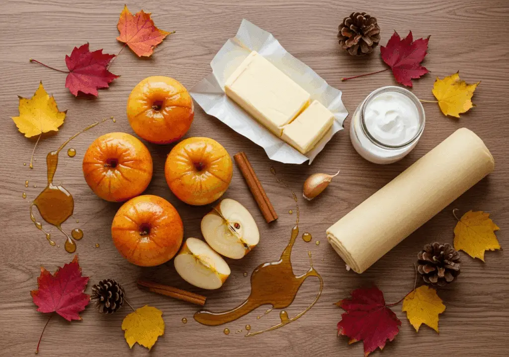 Ingrédients frais pour bûche Tatin caramélisée disposés style automnal