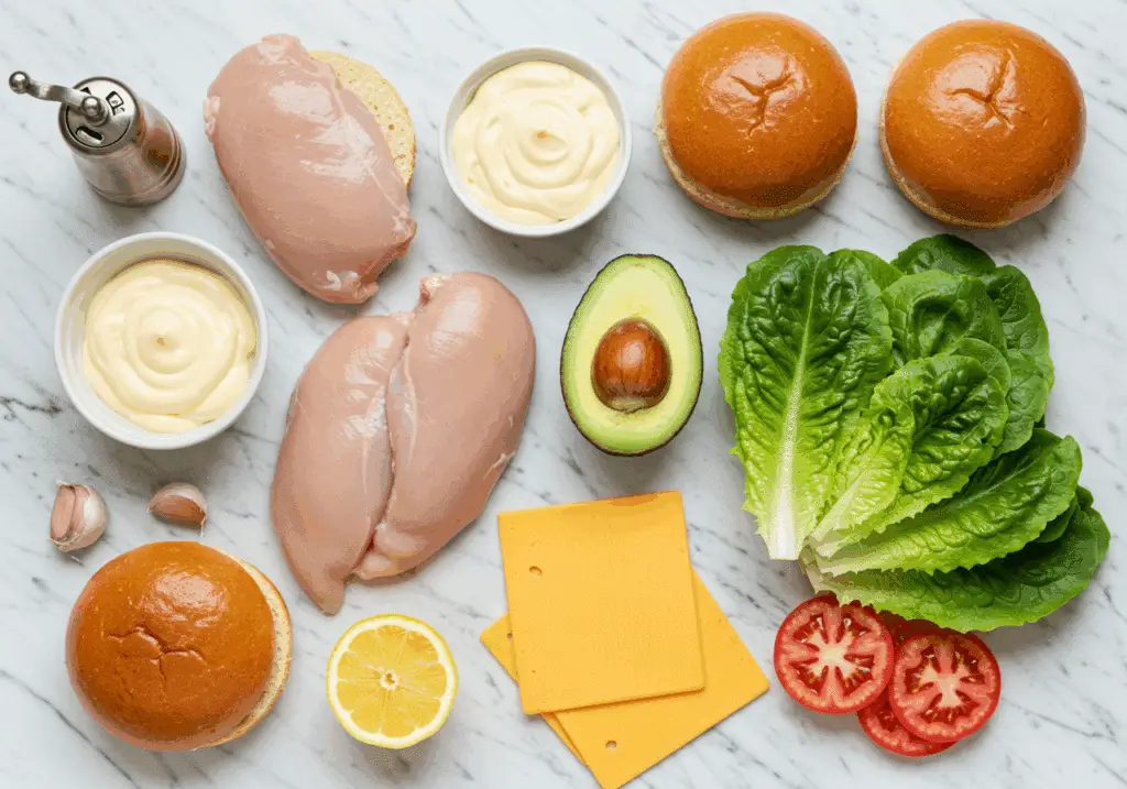 Ingrédients du burger poulet avocat disposés sur marbre blanc : poulet, avocat, pain, fromage et légumes frais