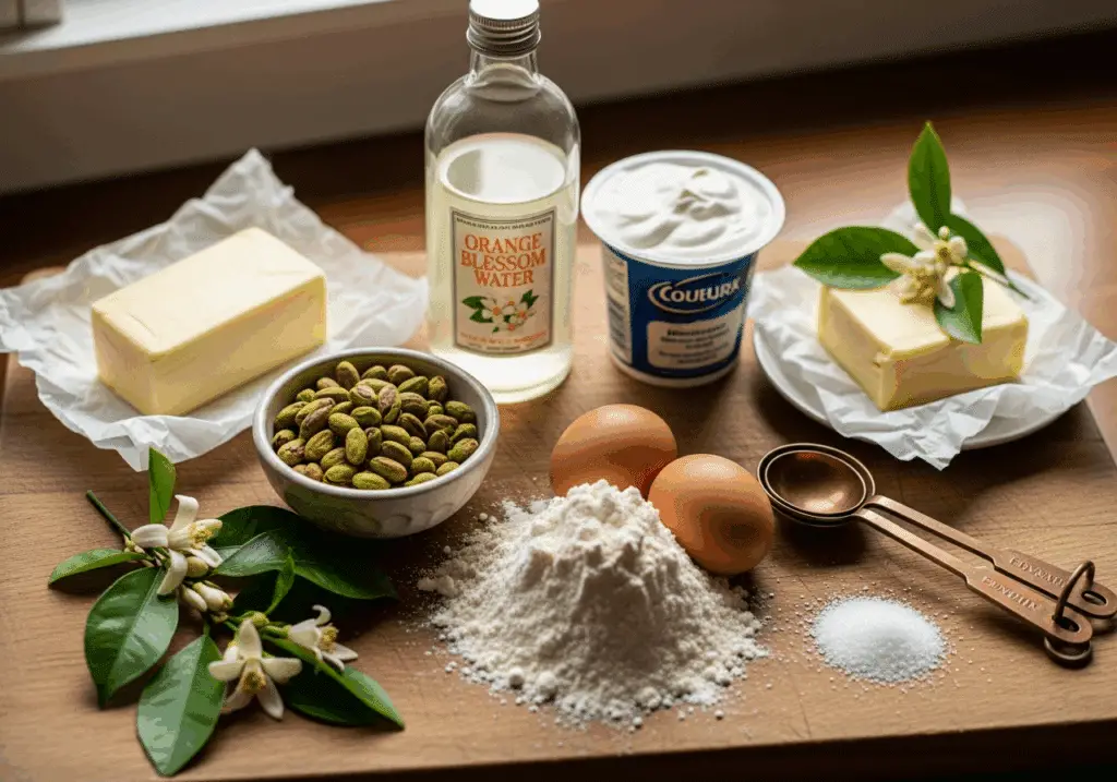 Ingrédients cake pistache fleur oranger frais qualité authentique