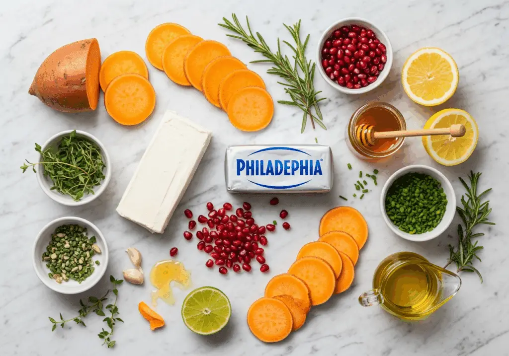 Ingrédients canapés Noël patate douce fromage frais miel citron herbes fraîches