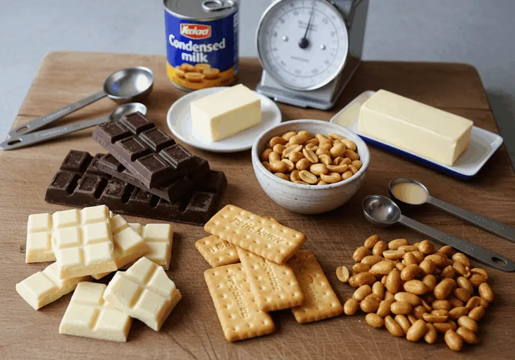 Ingrédients carrés chocolat cacahuètes sans cuisson simples qualité