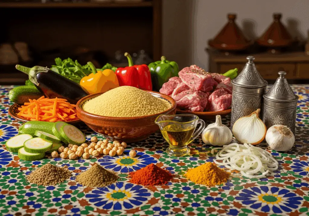 Ingrédients couscous marocain 7 légumes frais épices authentiques