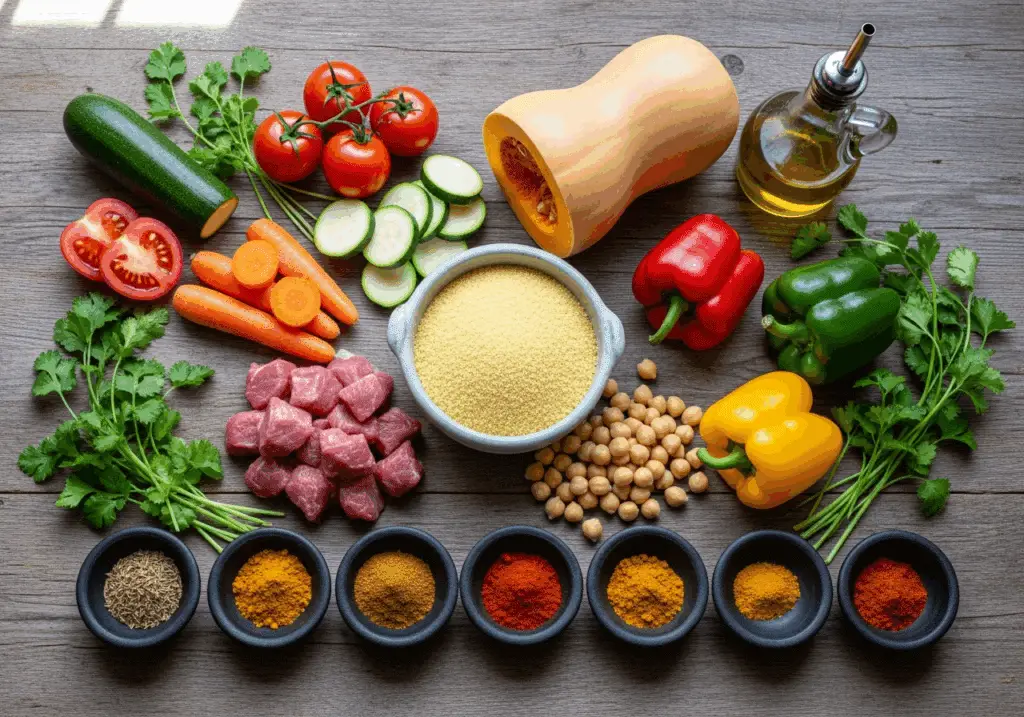 Ingrédients frais couscous marocain légumes épices viande semoule