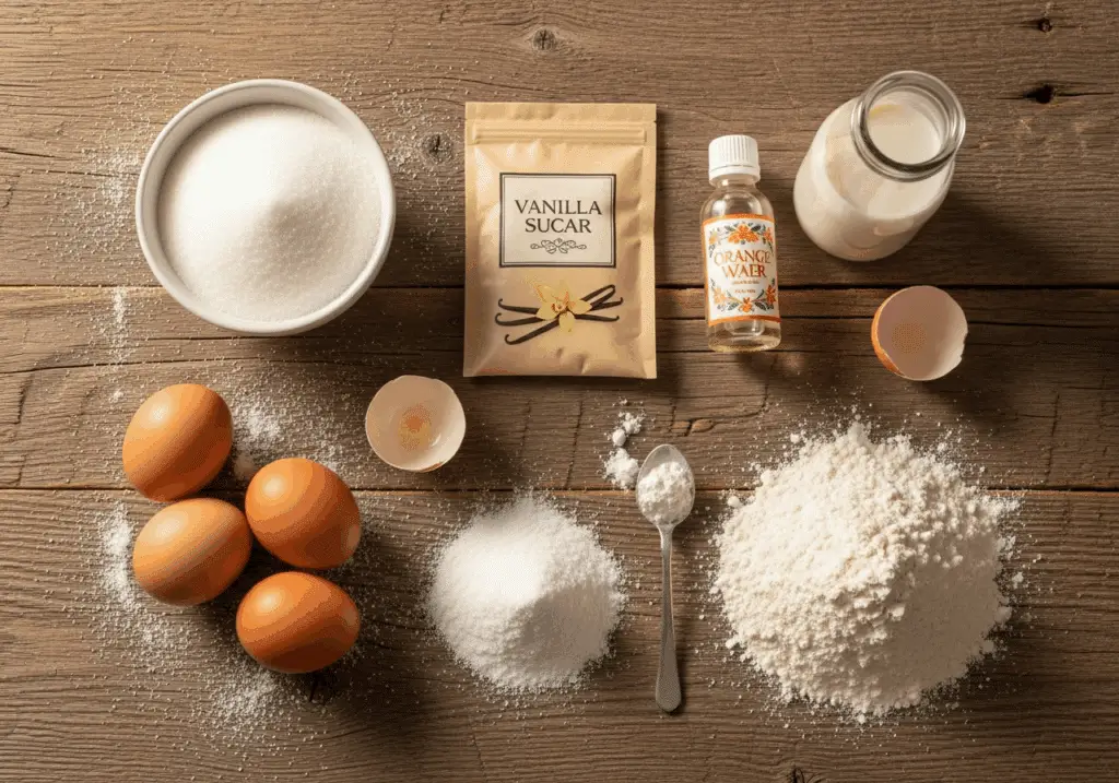 Ingrédients croustillant forains œufs sucre farine levure lait fleur oranger