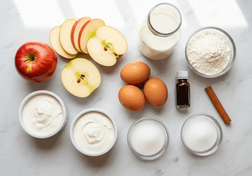 Ingrédients frais flan pommes yaourt cannelle vanille