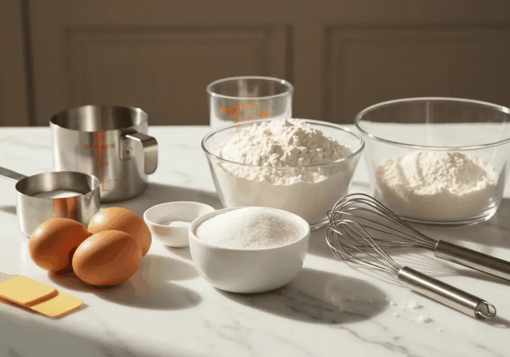 Ingrédients frais génoise bûche Noël œufs sucre farine