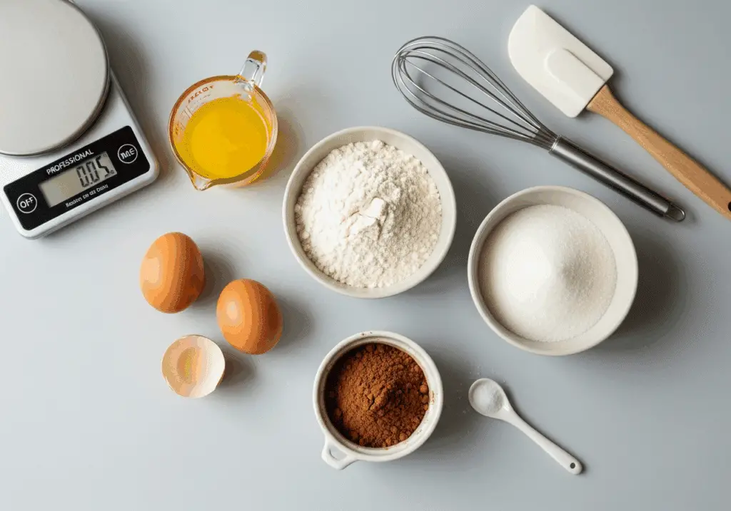 Ingrédients simples pour génoise au chocolat spéciale roulés disposés style pro