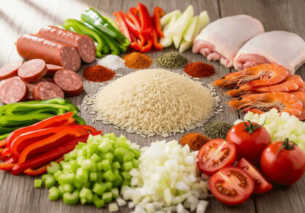 Ingrédients frais jambalaya créole riz saucisses poivrons épices