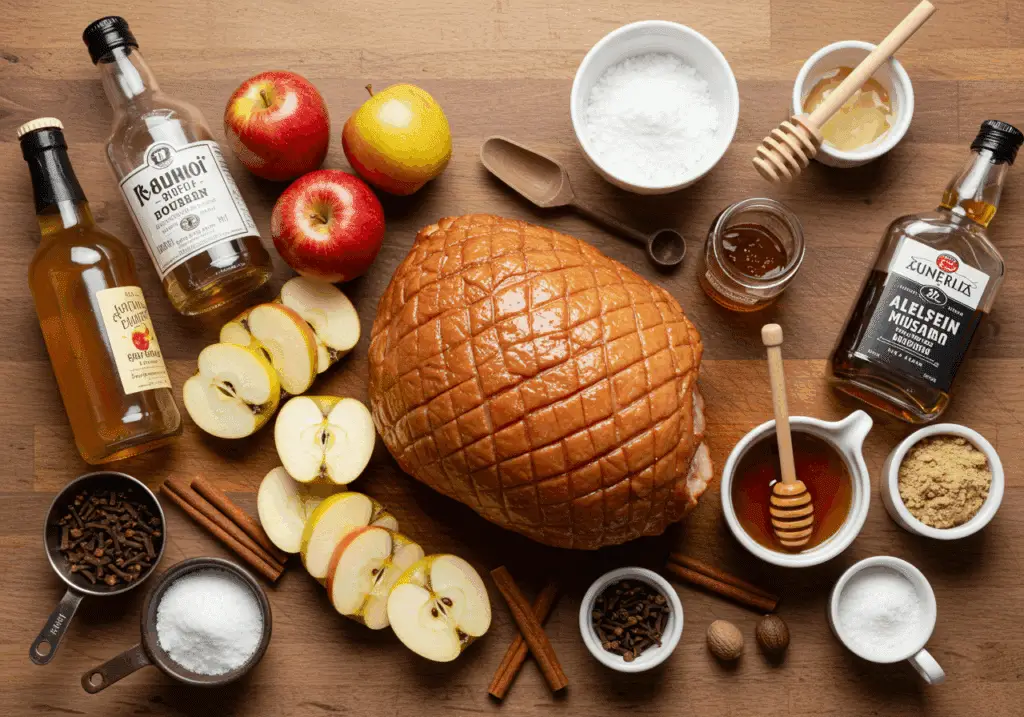 Ingrédients jambon glacé cidre pomme bourbon moutarde miel épices pommes