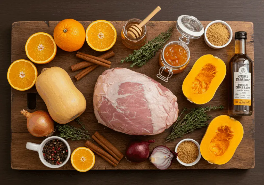 Ingrédients jambon Noël chutney courge miel marmelade orange épices butternut