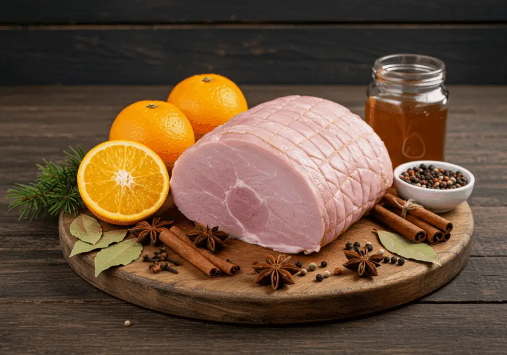 Ingrédients frais jambon Noël épices orange qualité authentique