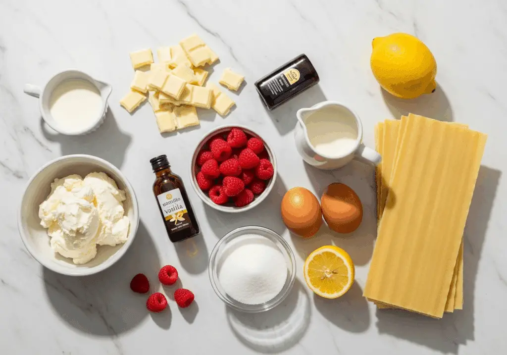 Ingrédients lasagne chocolat blanc framboises qualité premium