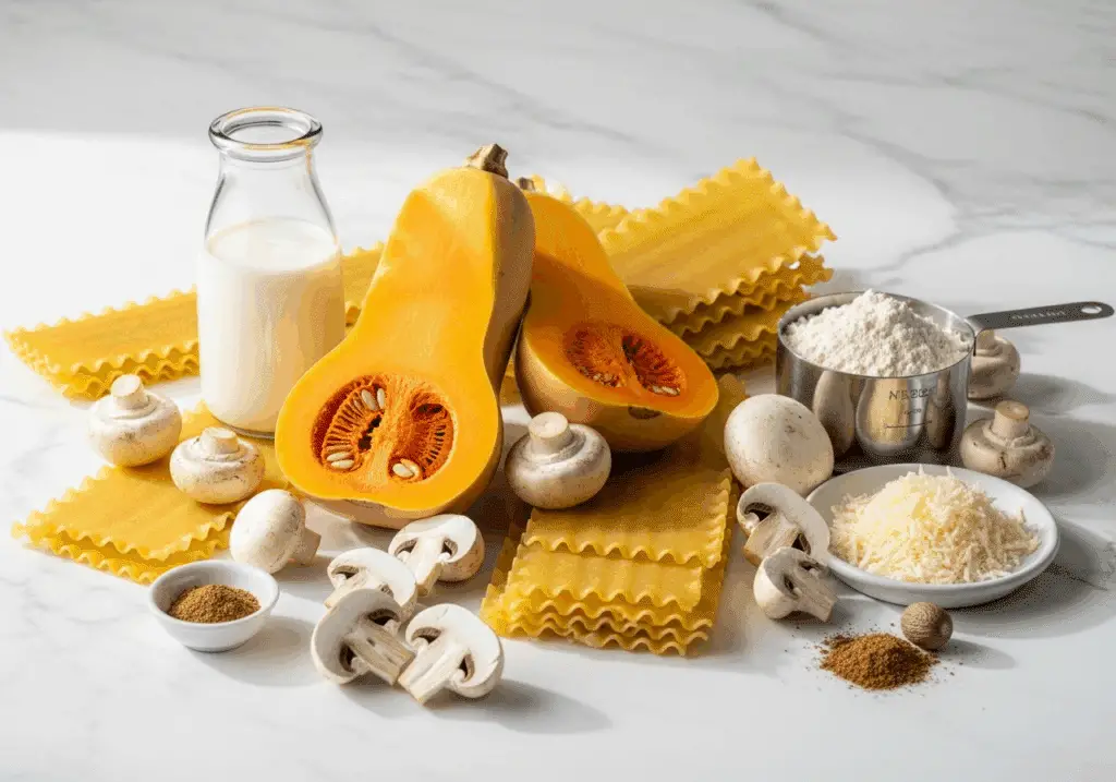 Ingrédients frais lasagnes butternut champignons fromage râpé