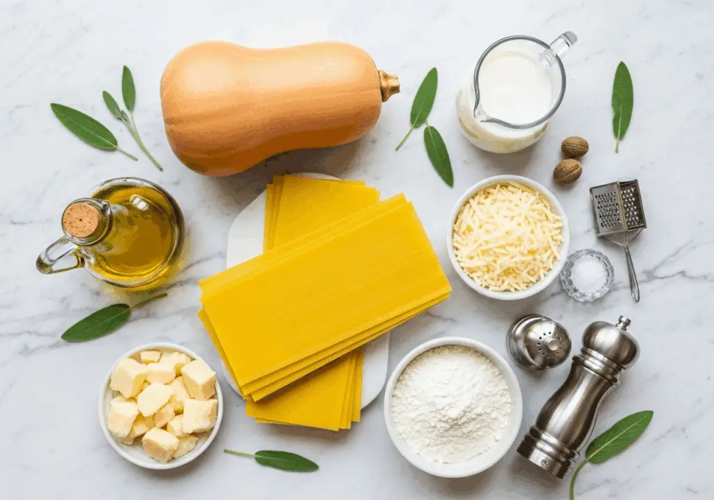 Ingrédients lasagnes courge fromage disposés sur marbre blanc : courge butternut, pâtes, fromage râpé, lait, farine