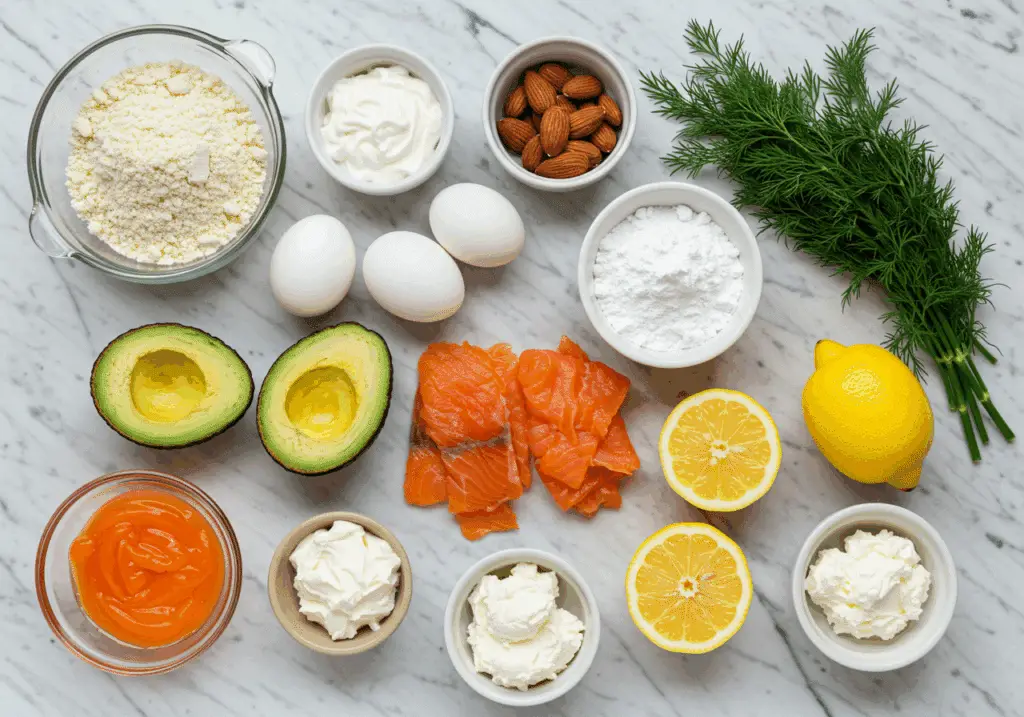 Ingrédients macarons salés poudre amande blancs œufs avocat saumon fumé aneth citron