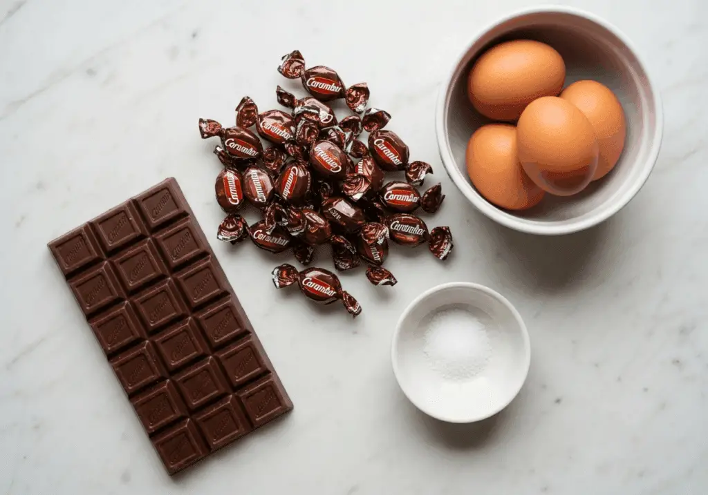 Ingrédients mousse Carambar simples bonbons chocolat œufs basiques
