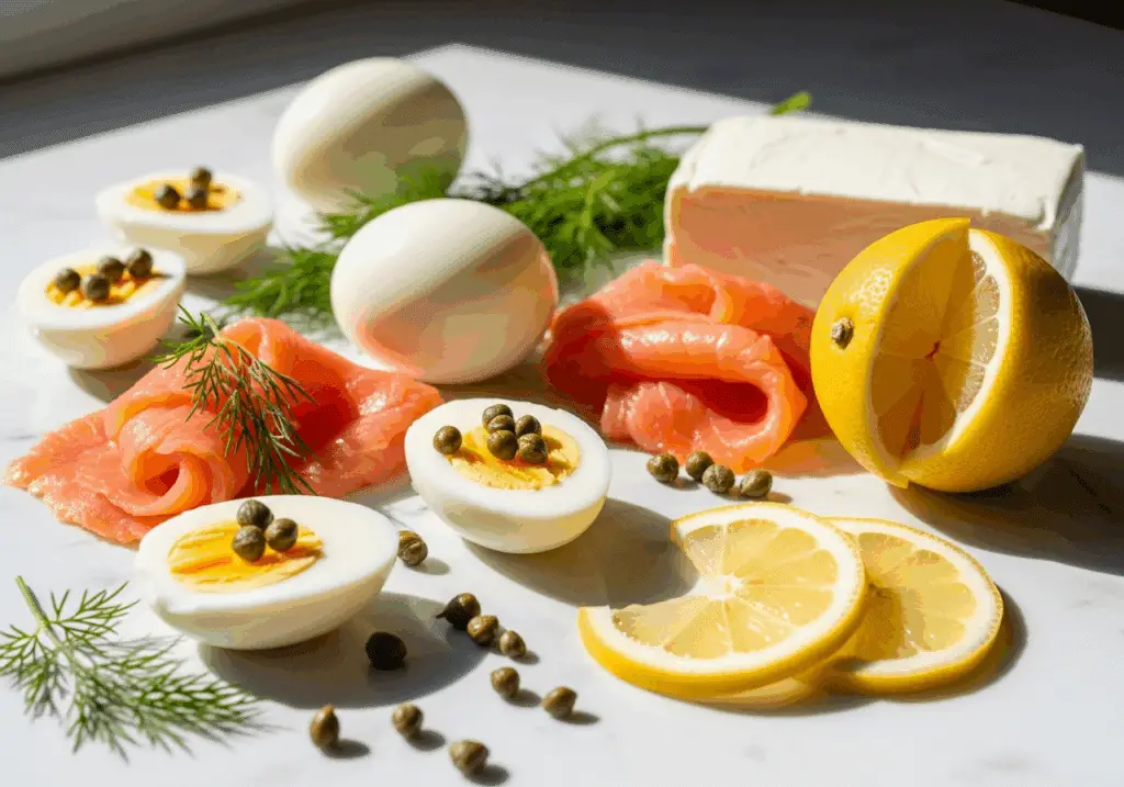 Ingrédients frais œufs farcis saumon fumé fromage citron aneth