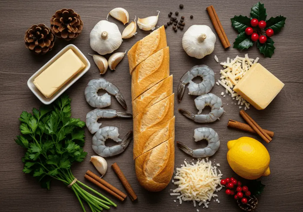 Ingrédients frais pour pain ail gratiné crevettes disposés style festif