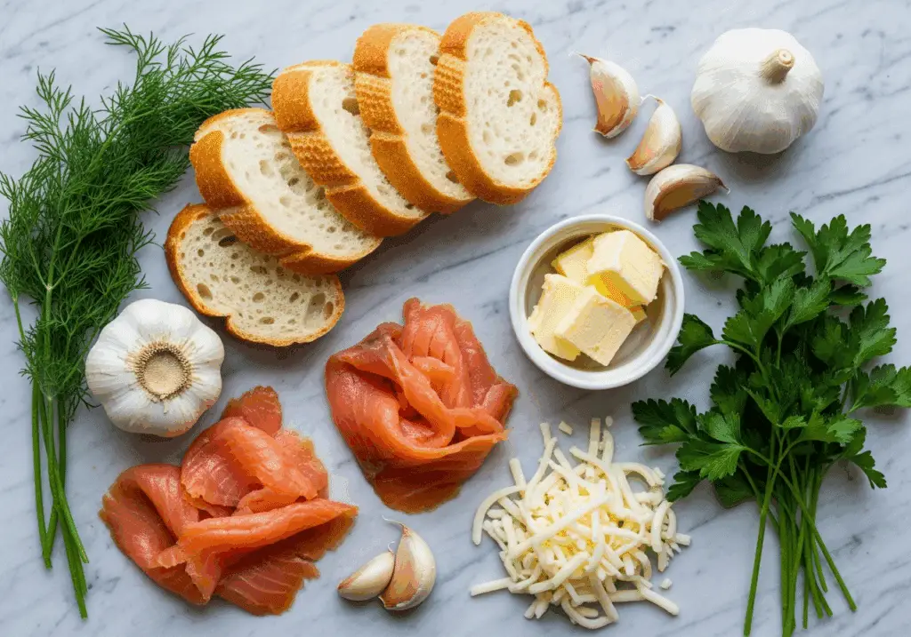 Ingrédients pain ail gratiné saumon fumé Noël qualité