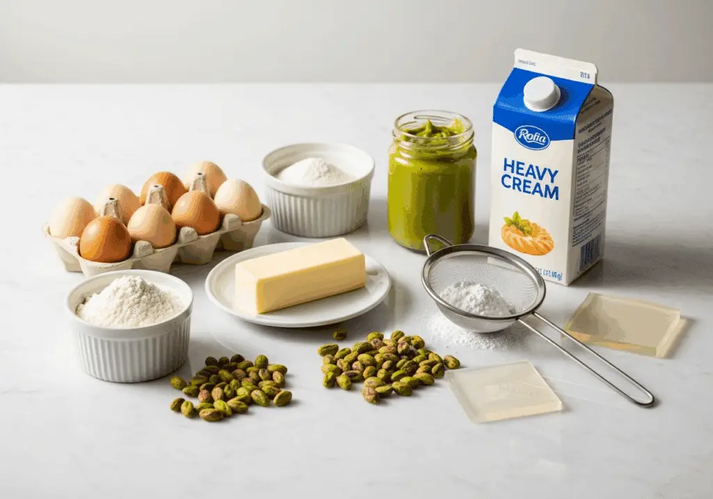 Ingrédients frais Paris-Brest pistache beurre œufs crème