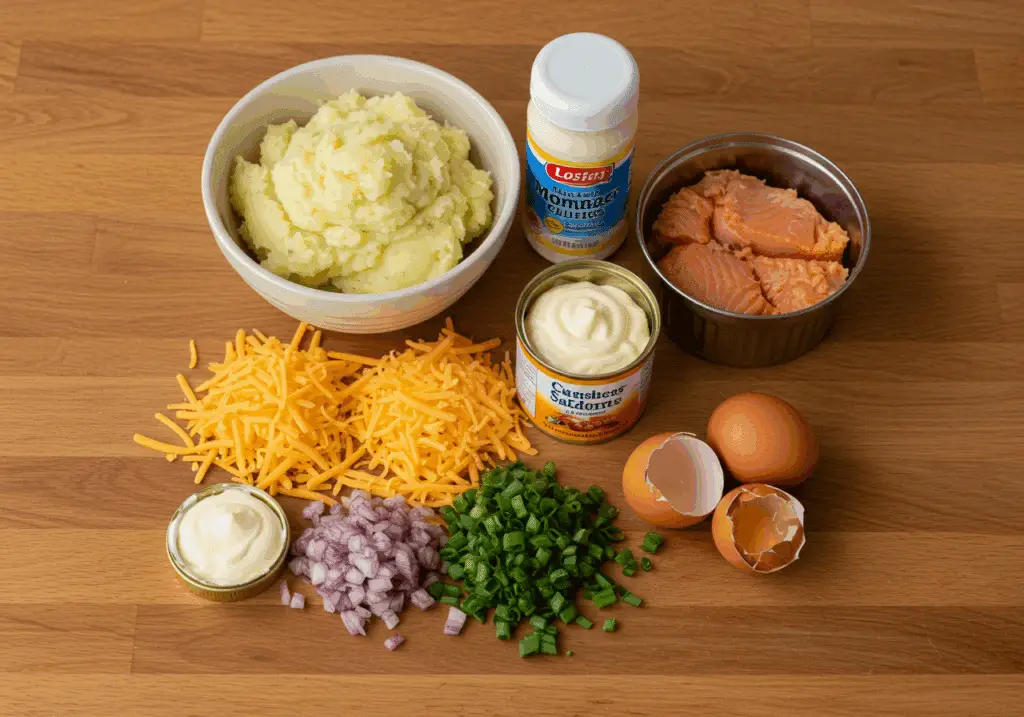 Ingrédients simples pour pâté au saumon sans pâte disposés style familial