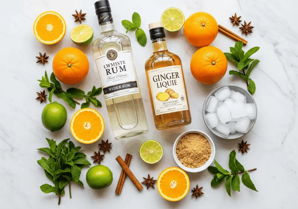 Ingrédients frais punch Noël rhum agrumes gingembre épices