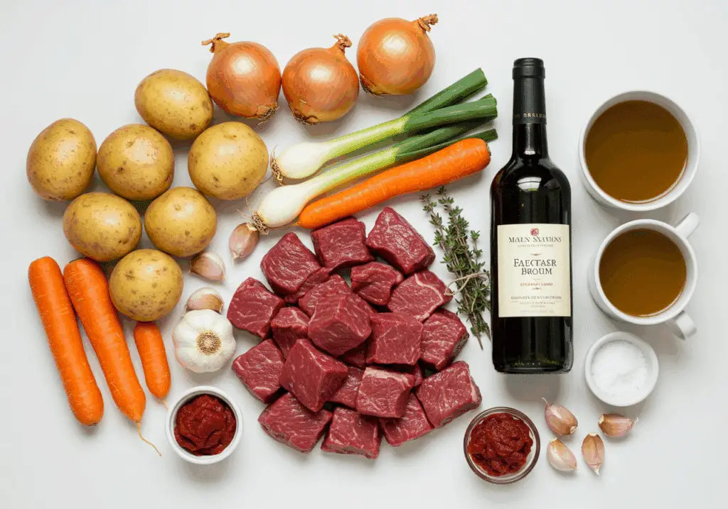 Ingrédients frais pour ragoût bœuf ancienne disposés style rustique traditionnel