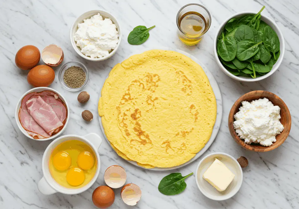 Ingrédients roulé jambon épinards œufs ricotta parmesan jambon muscade