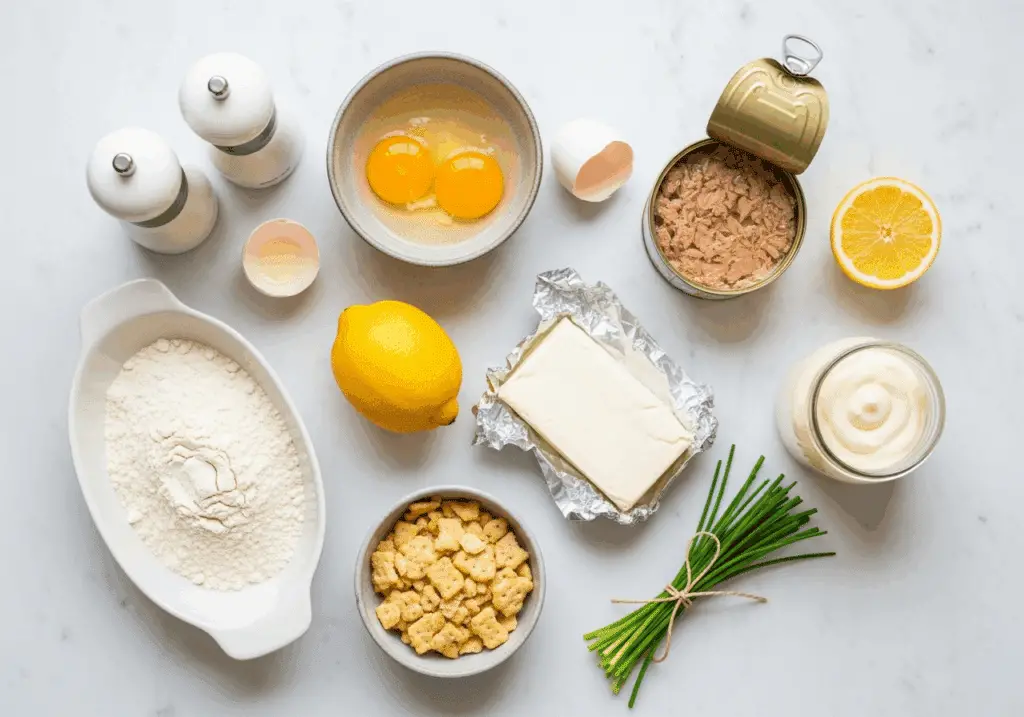 Ingrédients roulé salé thon œufs disposés sur marbre : œufs, farine, thon, fromage frais, mayonnaise, citron