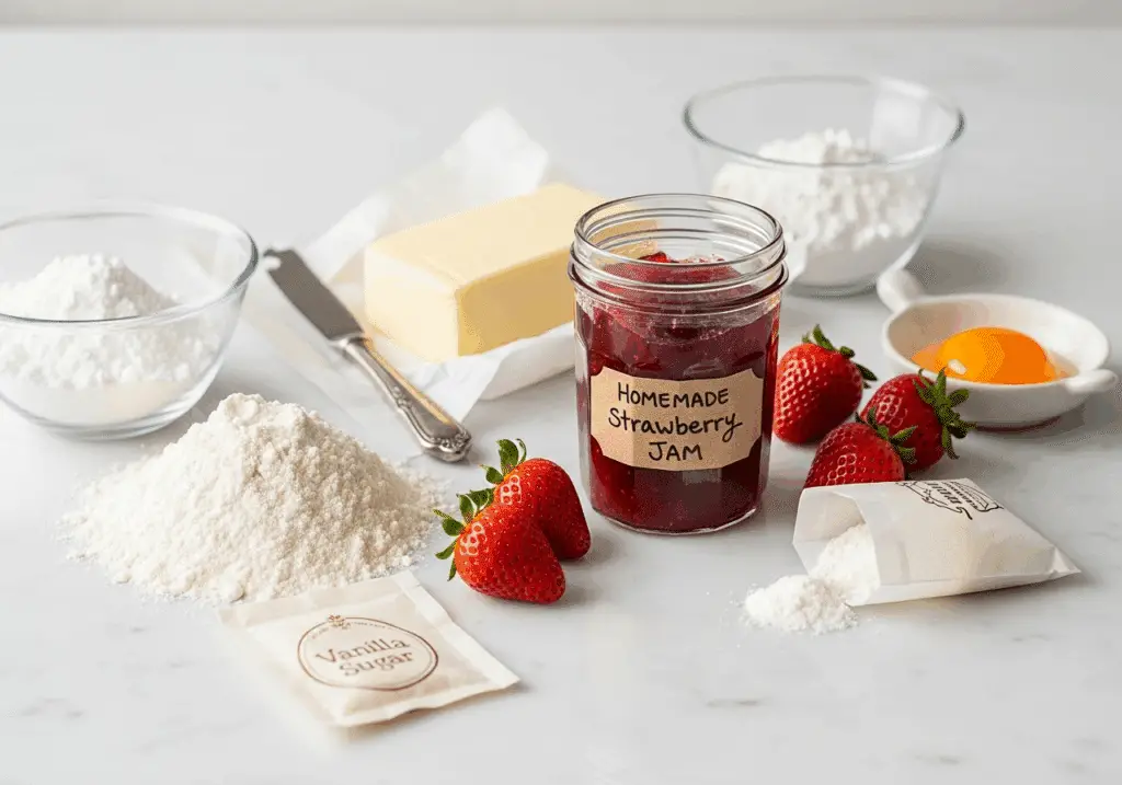 Ingrédients frais sablés fourrés fraises beurre sucre glace