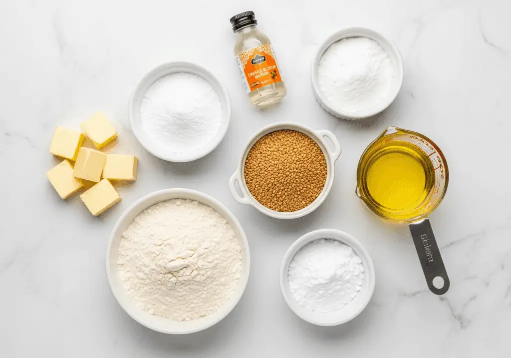 Ingrédients sablés sésame fleur d'oranger : beurre, sucre glace, sésame grillé, farine, eau de fleur d'oranger